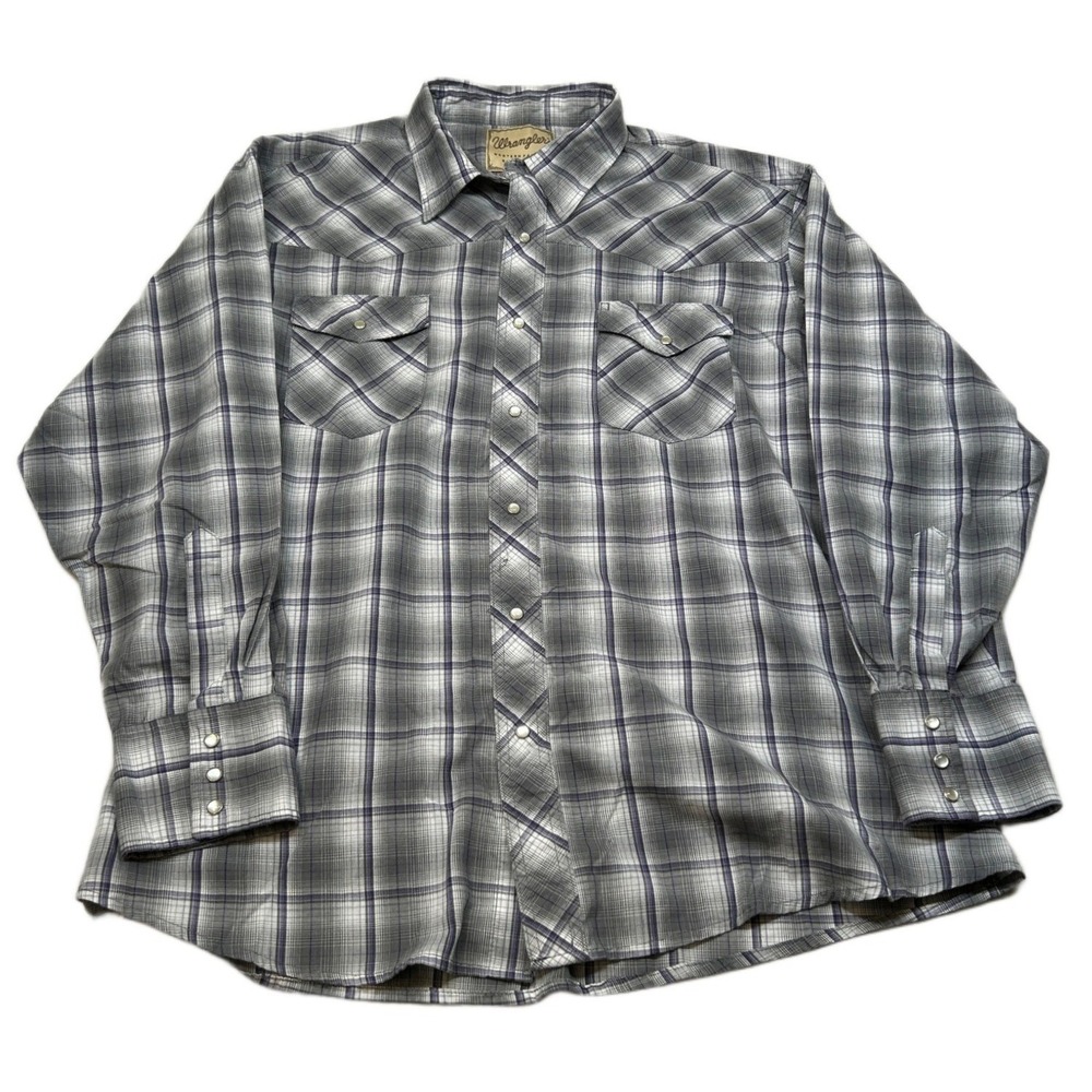 Wrangler Western Snap Shirt Mens 2XL‎ Gray Plaid Long Sleeve